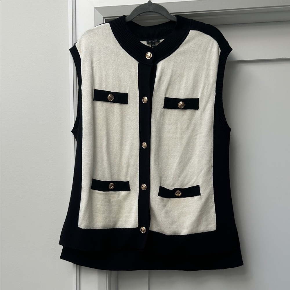 Black and White Sleeveless Cardigan with Gold Buttons.